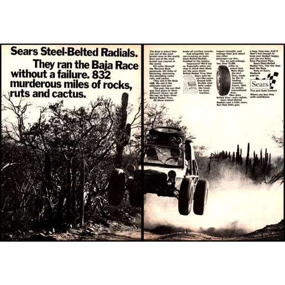 1971 Sears Tire Center Baja Run 2 Page Vintage Print Ad Dune Buggy Race Wall Art - Picture 1 of 3
